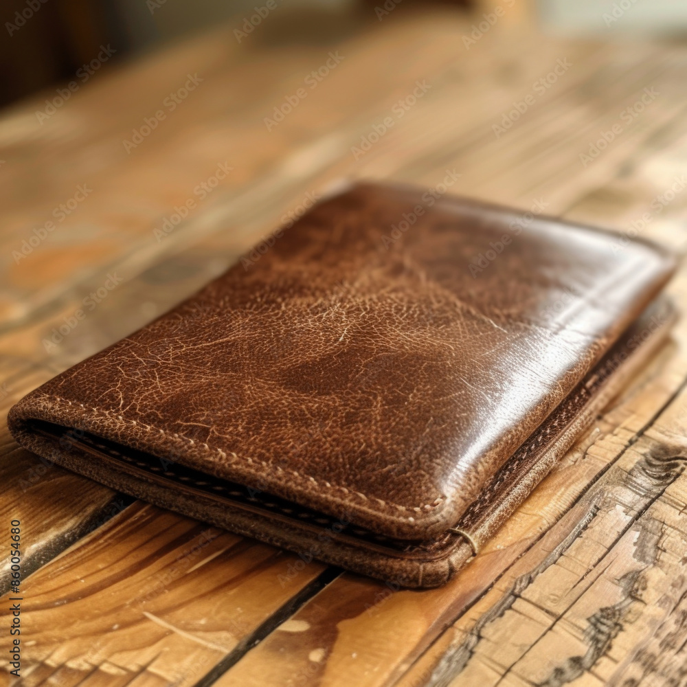 Detailed shot of an elegant leather wallet placed on a rustic wood surface, emphasizing its sleek design and quality. Detailed shot of an elegant leather wallet placed on a rustic wood surface, emphasizing its sleek design and quality.
