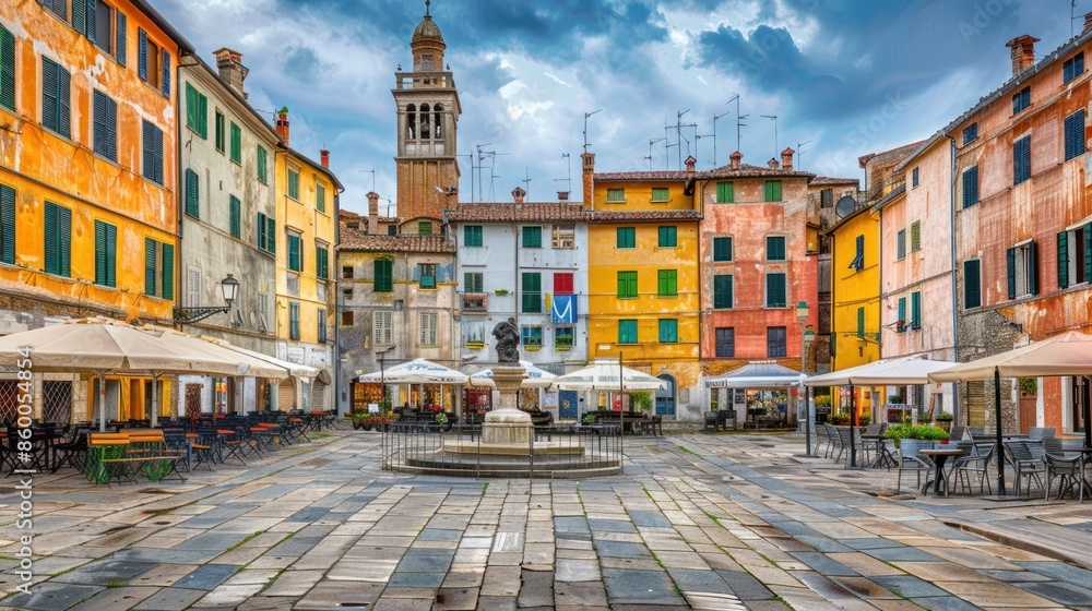 Obraz premium Italian Town Square with Colorful Buildings and a Fountain