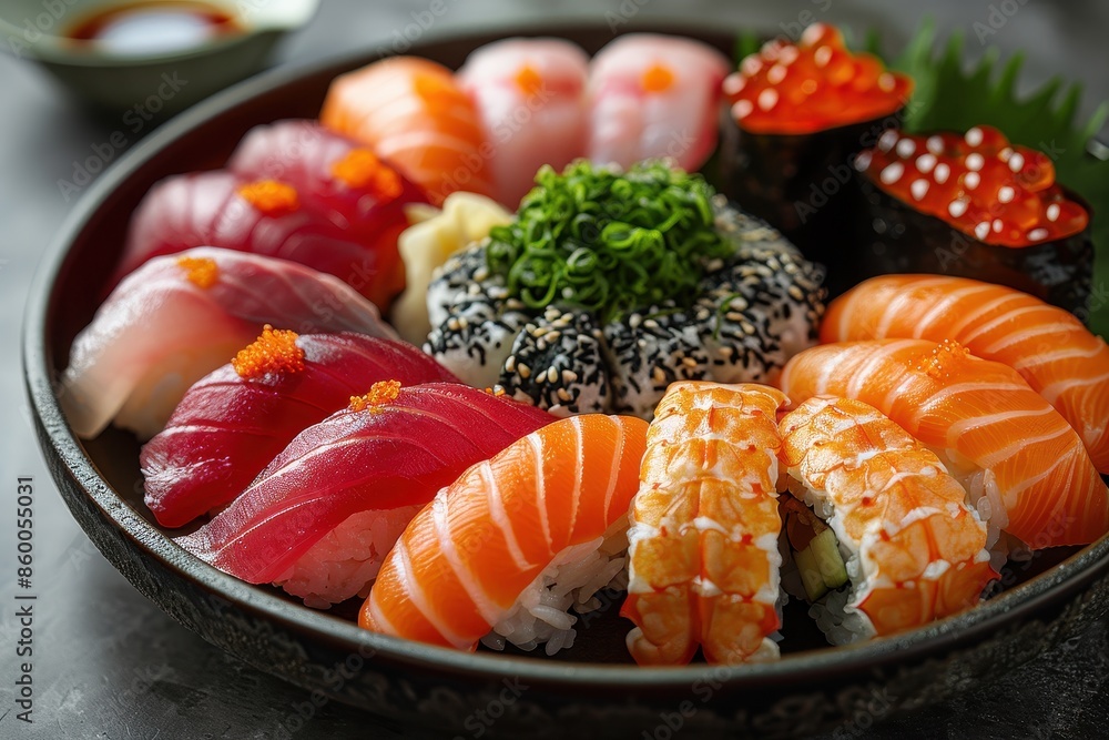 A beautifully arranged platter of assorted sushi, featuring rare and premium fish like bluefin tuna and sea urchin, with a side of soy sauce in a porcelain dish. A beautifully arranged platter of assorted sushi, featuring rare and premium fish like bluefin tuna and sea urchin, with a side of soy sauce in a porcelain dish.