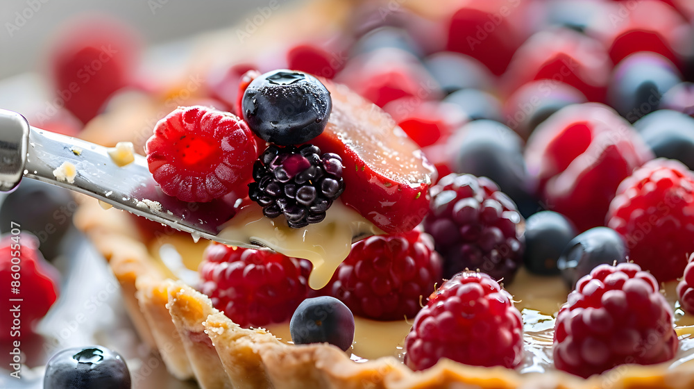 A close-up shot of a fruit tart being served, highlighting the fresh fruits and creamy filling A close-up shot of a fruit tart being served, highlighting the fresh fruits and creamy filling