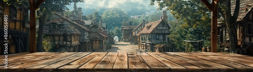 Scenic view of a medieval village street framed by trees, seen from a rustic wooden platform.