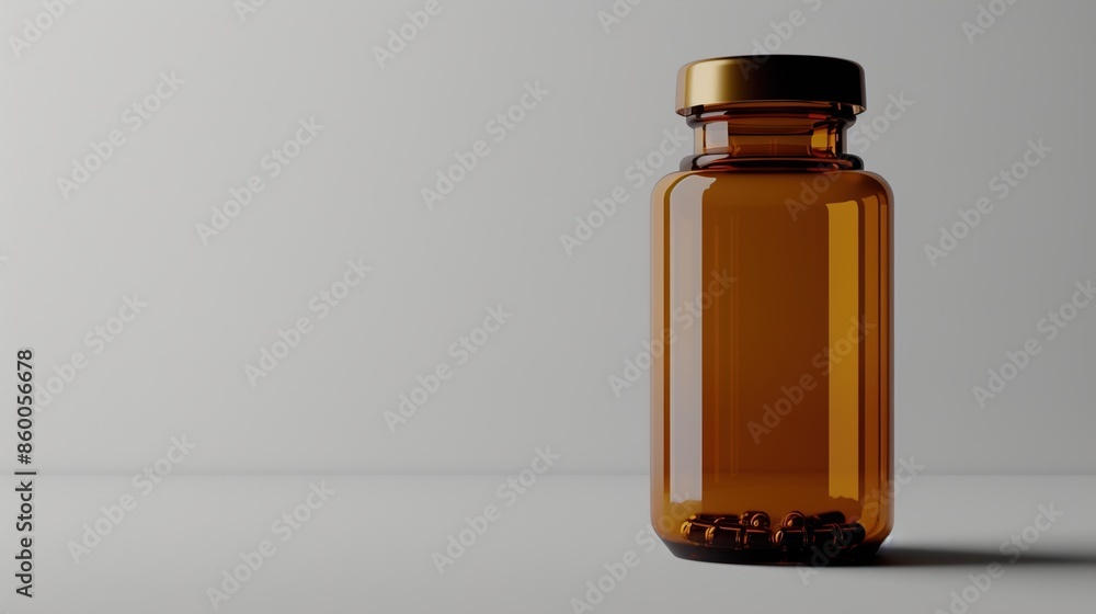 A transparent amber medicine bottle with a childproof cap on a solid light gray background, with ample space for branding on the left side. A transparent amber medicine bottle with a childproof cap on a solid light gray background, with ample space for branding on the left side.