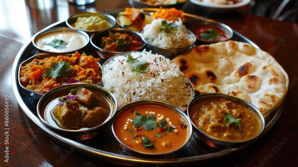 colorful Indian thali with various curries, rice, naan, and side dishes, showcasing the diversity of Indian cuisine colorful Indian thali with various curries, rice, naan, and side dishes, showcasing the diversity of Indian cuisine