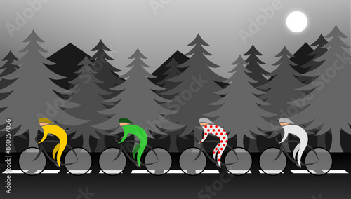 Cyclisme - un peloton sur une route de montagne de nuit