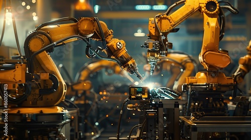 Robot arm is working in a factory. Futuristic industrial environment for innovation and progress concept