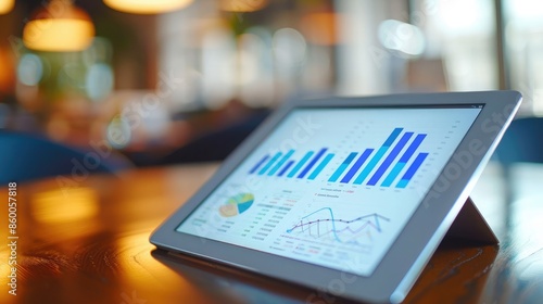 digital tablet displaying a growth chart and financial statistics, representing successful business analytics