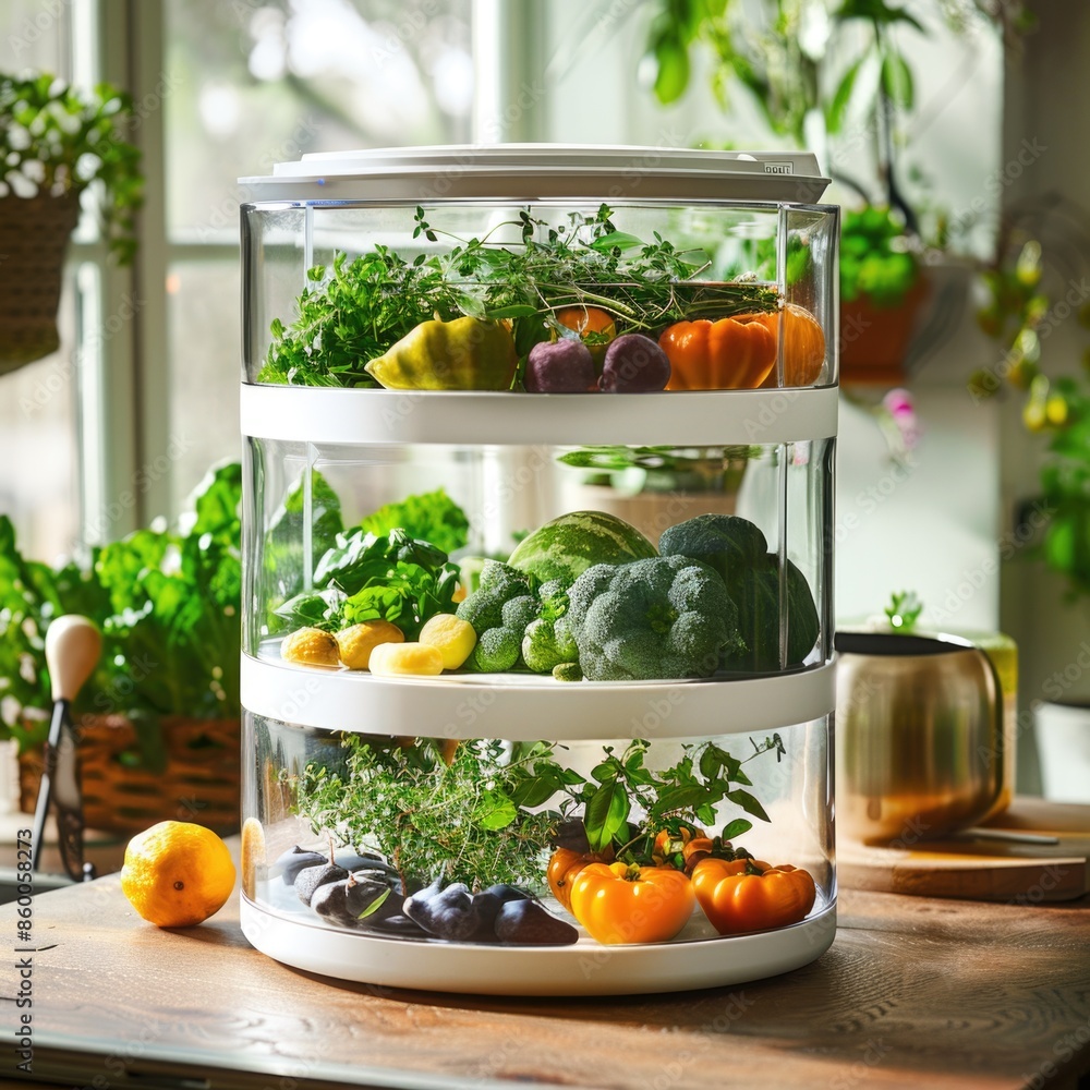 A colorful arrangement of fruits and vegetables on a tiered display A colorful arrangement of fruits and vegetables on a tiered display