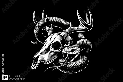 Skull deer head tied by snake vector illustration design