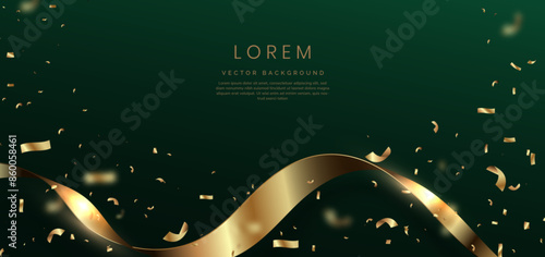 Gold ribbon on dark green background. Celebration grand openning party happy concept.