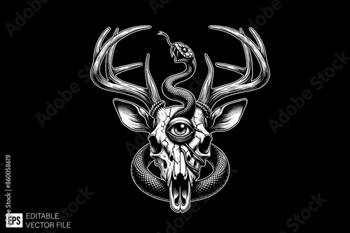 Skull deer head tied by snake vector illustration design