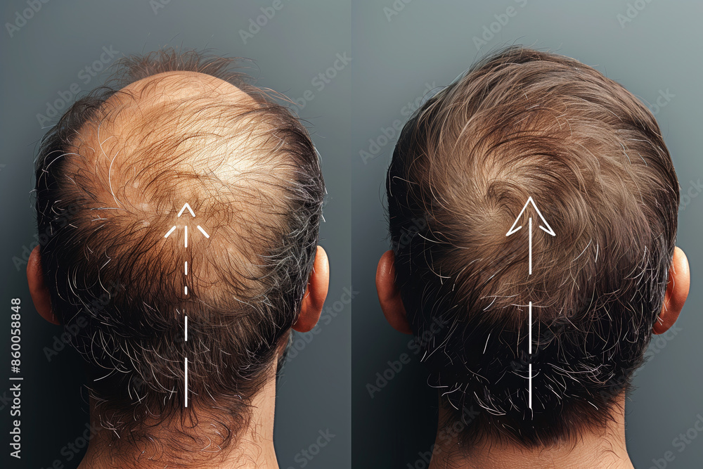 Fototapeta premium Hair Loss - Before and After. Top view of a man's Head with a receding hairline - Before and After