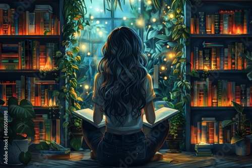 editorial illustration of a female programmer in a library reading a large book