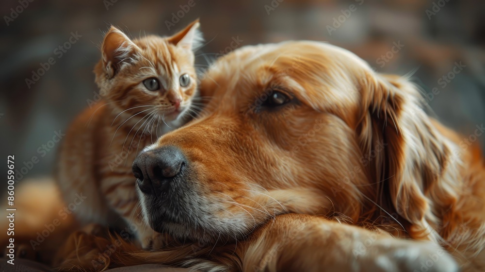 Adorable scene of a ginger kitten and a golden retriever bonding closely on a cozy surface, showcasing a tender moment between the two animals in a warm, soft setting. Adorable scene of a ginger kitten and a golden retriever bonding closely on a cozy surface, showcasing a tender moment between the two animals in a warm, soft setting.