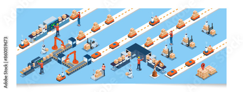 Warehouse Automation with Industrial Robots and Advanced Technology: Efficiency and Precision, Smart warehouse technology Concept. Vector illustration EPS