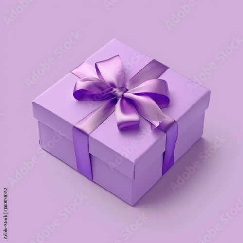 A beautifully wrapped present with a purple gift box and a matching ribbon