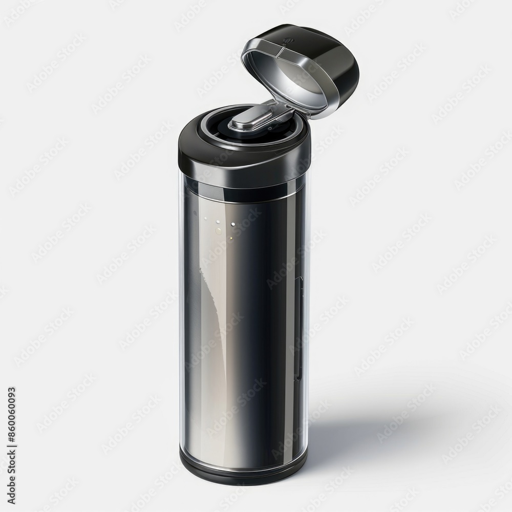 A picture of a trash can with a black and silver finish