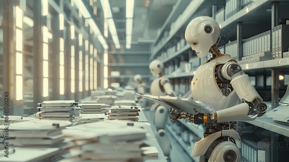 Robot is sitting at a table with a computer and keyboard in the office. Modern industrial technology concept. Robot is sitting at a table with a computer and keyboard in the office. Modern industrial technology concept.