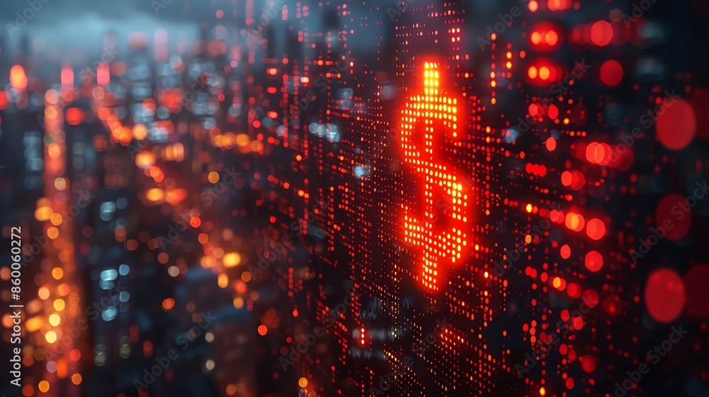 Glowing red dollar sign in futuristic digital cityscape, representing financial technology, economy, and innovation. Glowing red dollar sign in futuristic digital cityscape, representing financial technology, economy, and innovation.