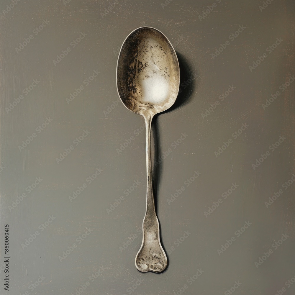 A single silver spoon placed on a gray surface, suitable for use in various settings such as still life photography, food styling, or decorative arrangements A single silver spoon placed on a gray surface, suitable for use in various settings such as still life photography, food styling, or decorative arrangements