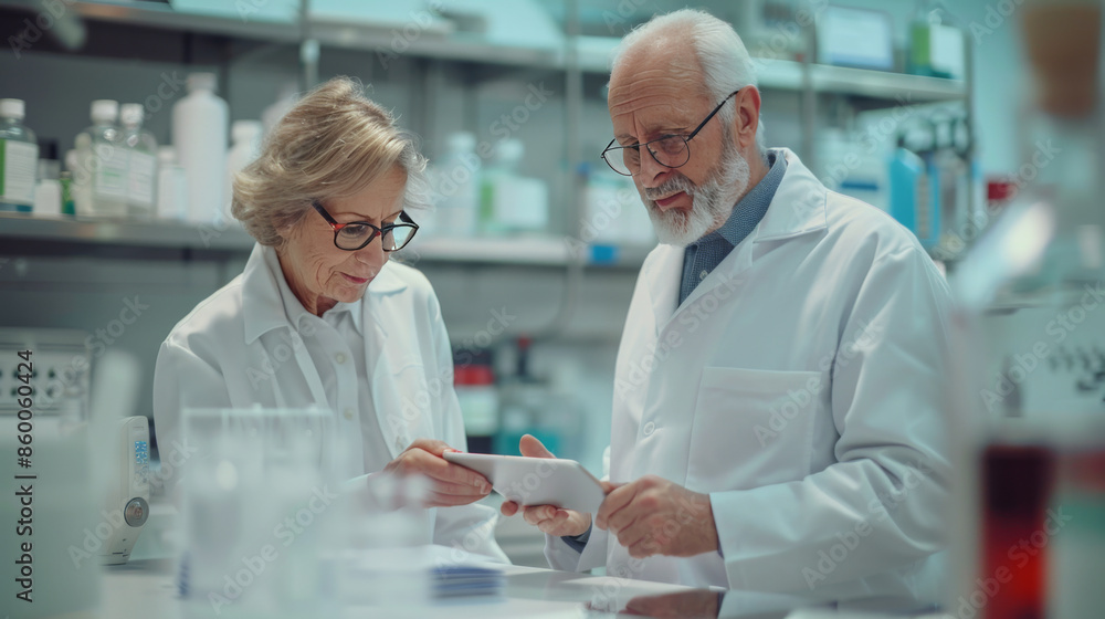 Two elderly scientists in a laboratory, reviewing research data on a tablet, focusing on scientific collaboration and analysis. Two elderly scientists in a laboratory, reviewing research data on a tablet, focusing on scientific collaboration and analysis.