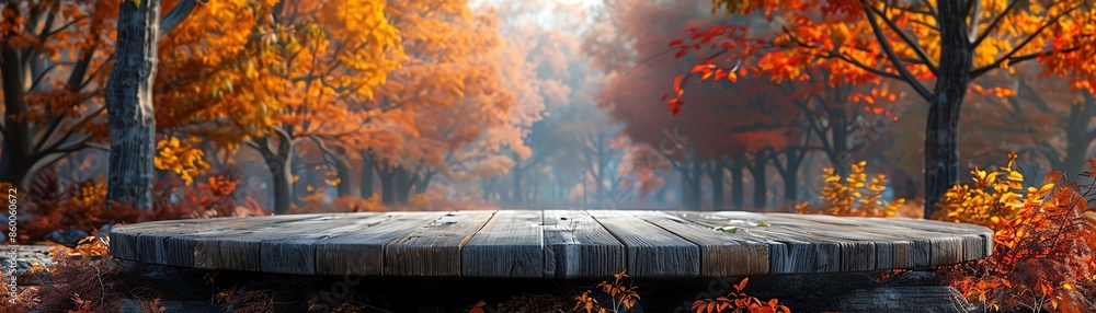 Wooden platform in a picturesque autumn forest with vibrant, colorful foliage. Ideal as a nature background or seasonal concept image. Wooden platform in a picturesque autumn forest with vibrant, colorful foliage. Ideal as a nature background or seasonal concept image.