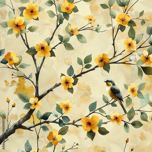 Artistic illustration of a bird perched on a branch with yellow flowers, creating a serene and natural atmosphere.