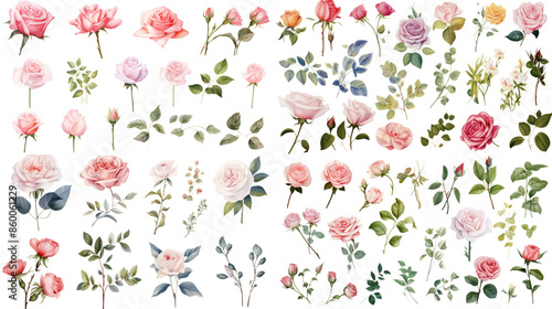 Wallpaper Mural Set of watercolor rose painting isolated on clear png background and transparent background. Fresh and nature concept for nature decorative and flower element, AI generative. Torontodigital.ca