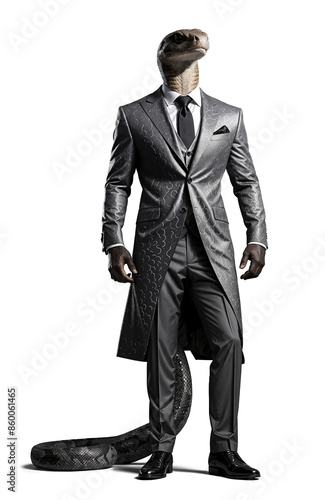Anthropomorphic Snake boss dressed in business luxury dark suit tie wearing shoes standing like a human, businessman with head of smart animal concept isolated on transparent alpha background