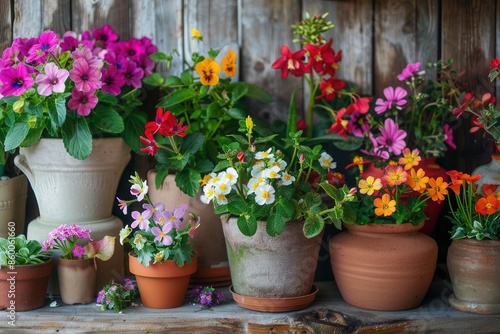 Wallpaper Mural An assortment of colorful flowers in various decorative pots adorn a wooden shelf, creating a cheerful and welcoming display perfect for a garden center or home decor store. Generative AI Torontodigital.ca