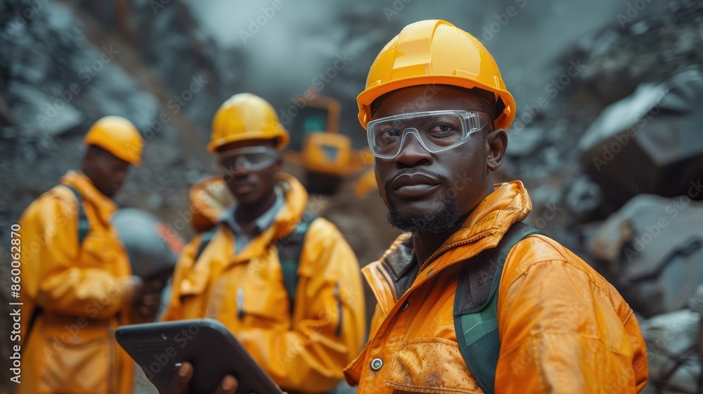 A focused engineer in yellow safety gear and a hard hat, holding a tablet while overseeing a construction site, capturing the essence of dedication and professionalism. A focused engineer in yellow safety gear and a hard hat, holding a tablet while overseeing a construction site, capturing the essence of dedication and professionalism.