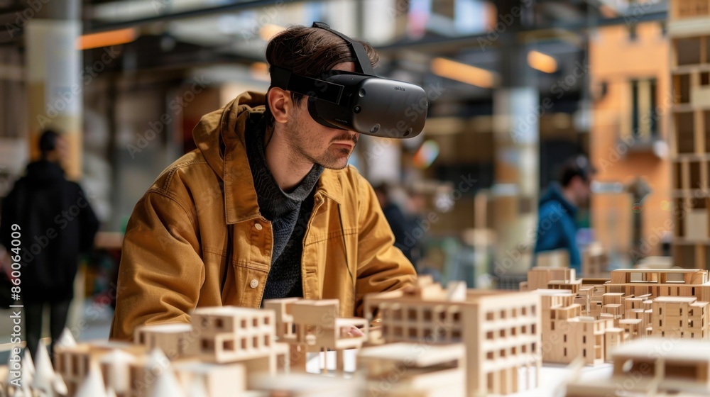 Architect using VR headset for immersive urban design and development. Architect using VR headset for immersive urban design and development.