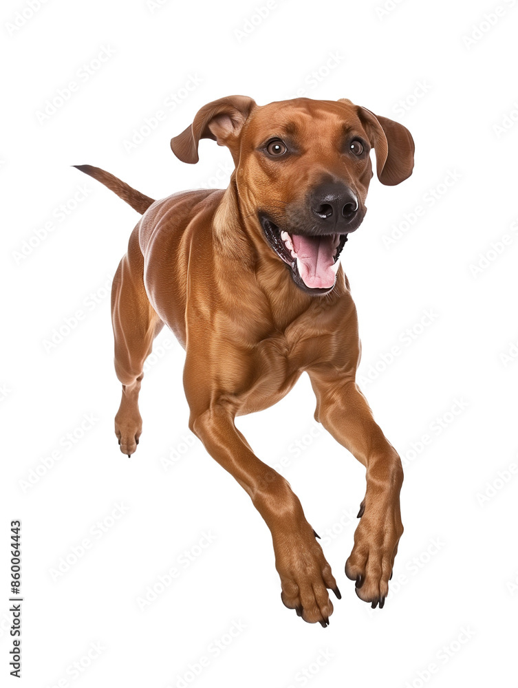 Full body shot of Rhodesian Ridgeback dog, running happily, smiling. Full body shot of Rhodesian Ridgeback dog, running happily, smiling.