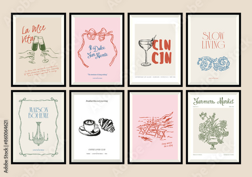 Minimal hand drawn vector dolce vita illustration set with aesthetic quote in a poster frame. Matisse style illustrations.	