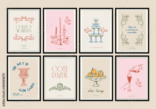 Minimal hand drawn vector dolce vita illustration set with aesthetic quote in a poster frame. Matisse style illustrations.	