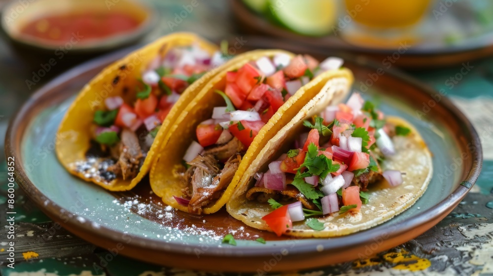 Mexican taco lies on a plate on a plate in a street Mexican cafe. Mexican taco lies on a plate on a plate in a street Mexican cafe.