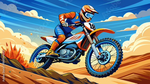 A young male dirt bike rider in an orange and blue motocross outfit jumping over a sandy hill, with the bike kicking up dust