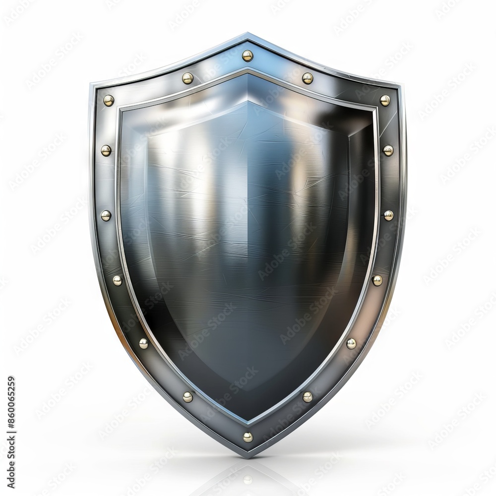 Silver Metal Medieval Shield With Gold Studs isolated on white Background Silver Metal Medieval Shield With Gold Studs isolated on white Background
