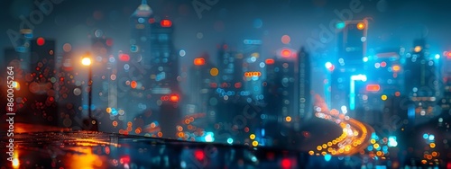 A city skyline with a blurry background and a street light in the foreground. The city lights are reflected in the water, creating a dreamy and romantic atmosphere