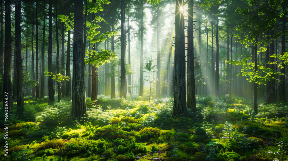 A beautiful forest with sunlight shining through the trees A beautiful forest with sunlight shining through the trees