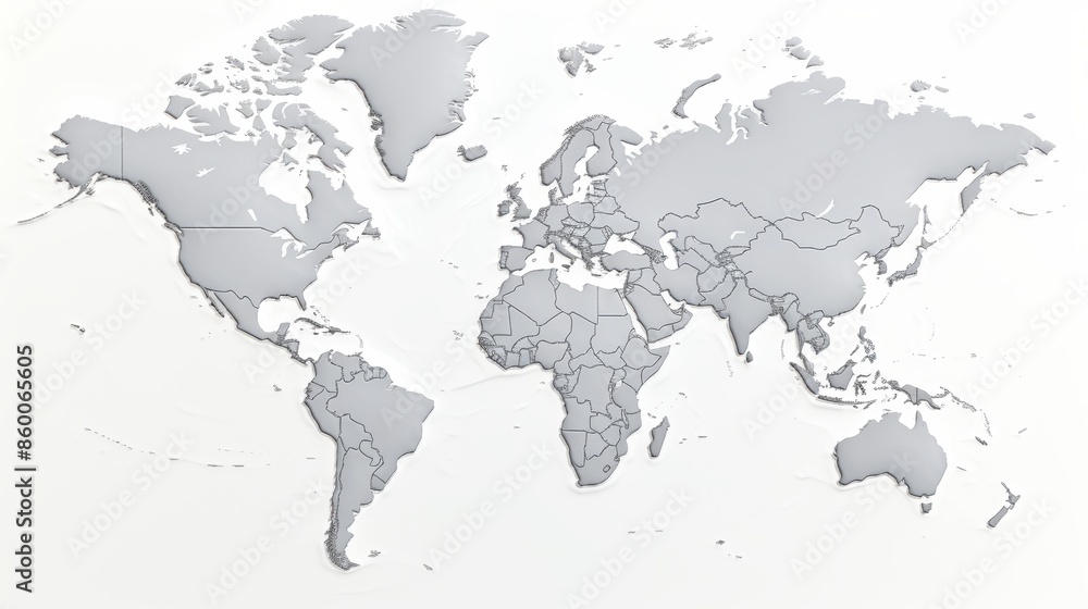 Detailed world map outline with borders on a crisp white background for clear visualization Detailed world map outline with borders on a crisp white background for clear visualization