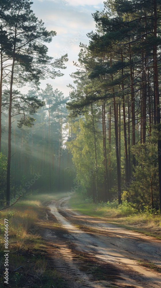 Fototapeta premium early morning forest, light haze, coniferous trees. freshness and clean air. road.