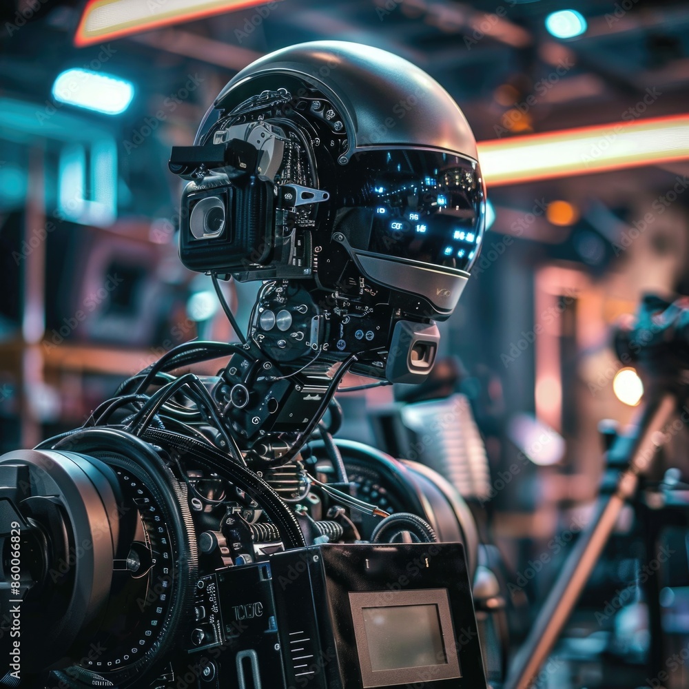 A robot standing in front of a camera, suitable for use in technology, robotics, and automation contexts A robot standing in front of a camera, suitable for use in technology, robotics, and automation contexts