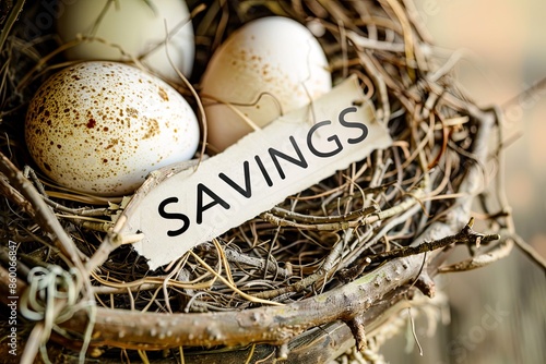 Nest with eggs labeled savings concept photo