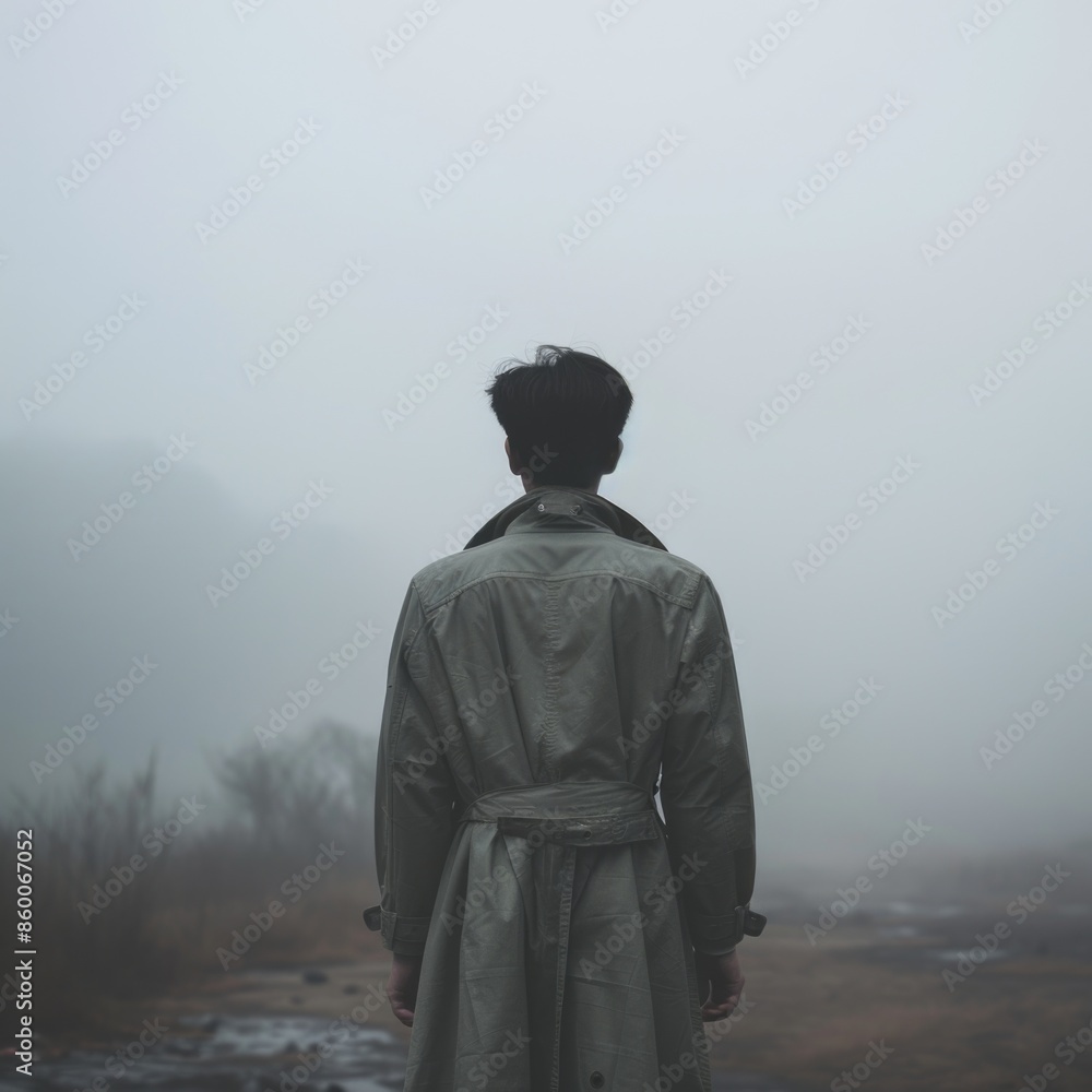 A person dressed in a trench coat stands alone in a foggy field, providing a sense of mystery and isolation A person dressed in a trench coat stands alone in a foggy field, providing a sense of mystery and isolation