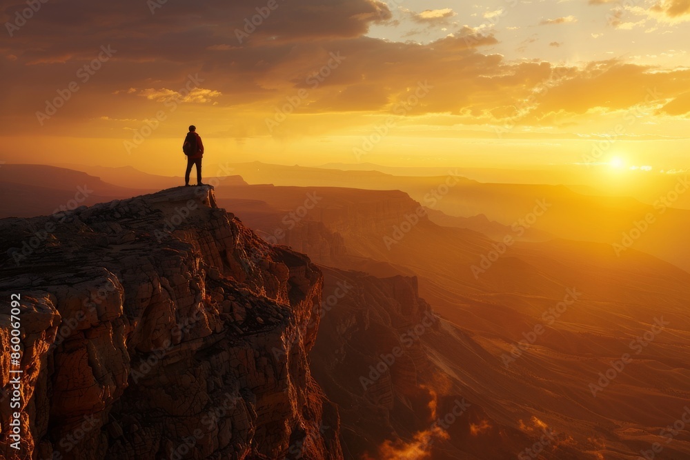 Fototapeta premium Silhouette of a Hiker at Sunset Over a Mountain Range