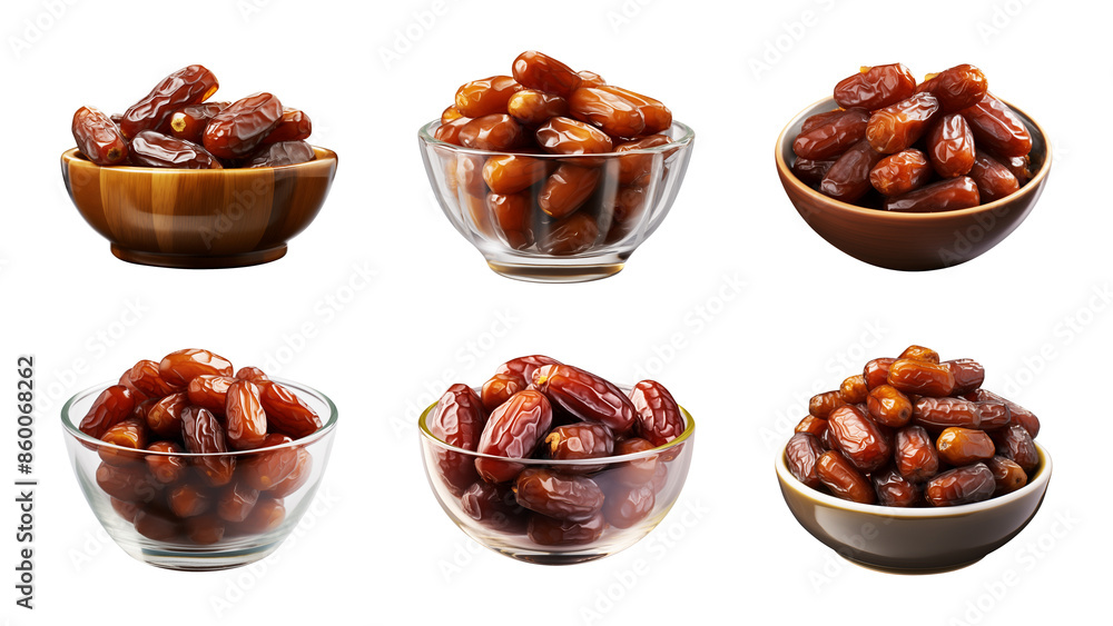 Obraz premium Collection bowl of dried date fruits isolated on a transparent background, cut out, PNG