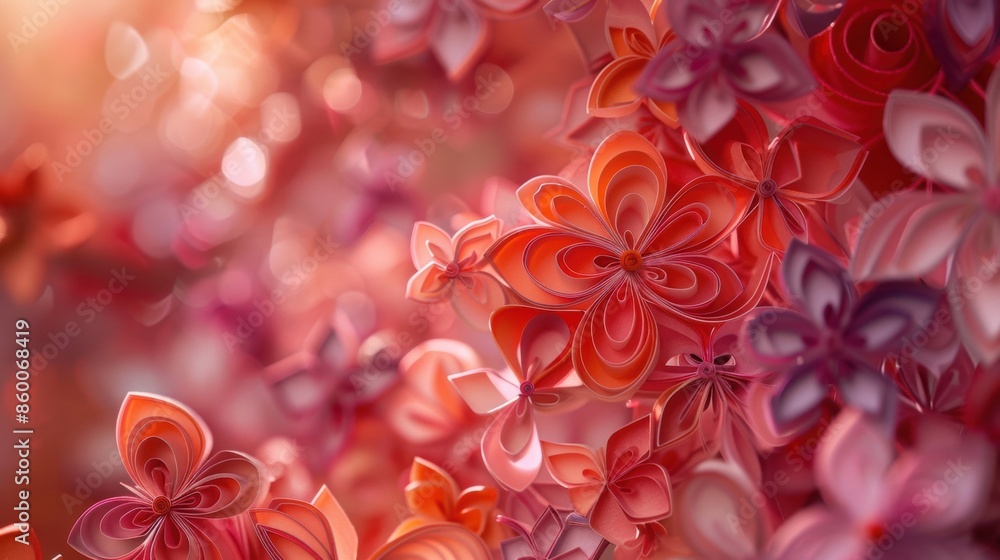 A detailed view of pink paper flowers created using the quilling technique, with a soft bokeh background highlighting their beauty. A detailed view of pink paper flowers created using the quilling technique, with a soft bokeh background highlighting their beauty.