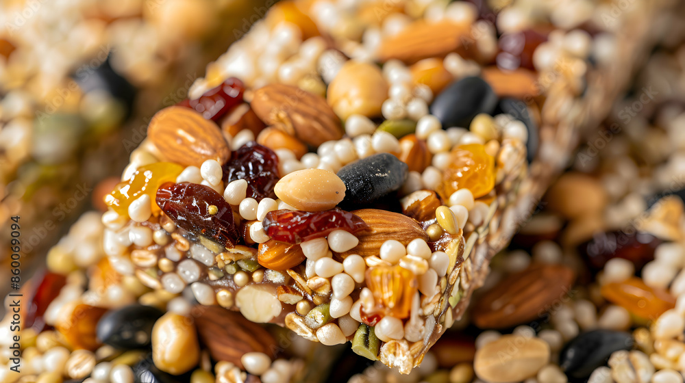 A close-up shot of energy bars being served, highlighting the crunchy nuts and chewy fruits A close-up shot of energy bars being served, highlighting the crunchy nuts and chewy fruits