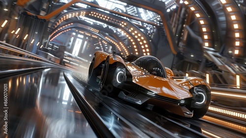 A futuristic sports car races through a brightly lit tunnel. photo
