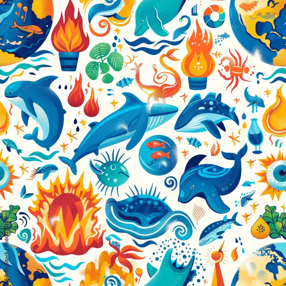 A colorful ocean scene with various sea creatures and a fire in the background. Scene is lively and playful, with a sense of adventure and exploration A colorful ocean scene with various sea creatures and a fire in the background. Scene is lively and playful, with a sense of adventure and exploration